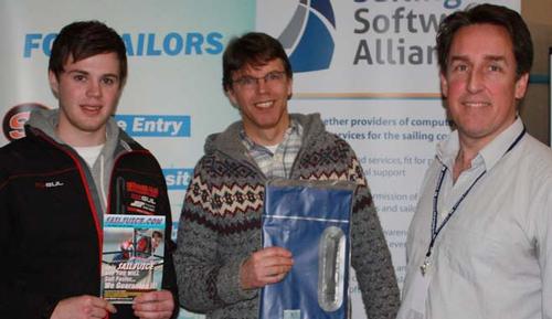 Father and son Craig (left) and Paul Williamson (centre) receive their prizes from Andy Rice of SailJuice.com &copy; Brenda Hoult, SailRacer